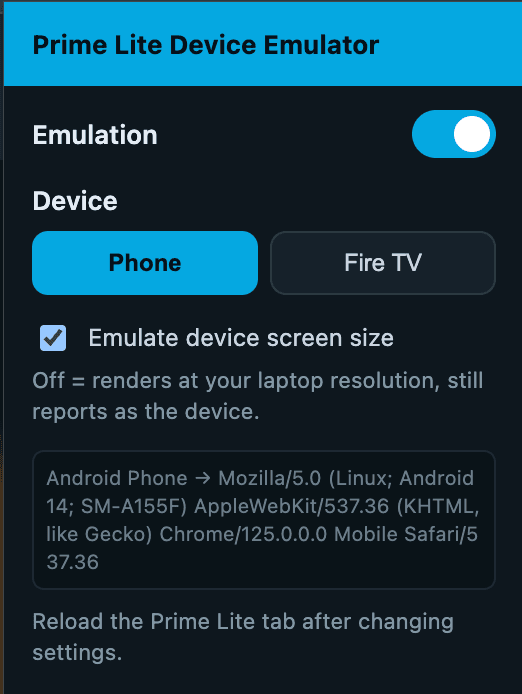 The PassLite extension popup, showing an emulation toggle, Phone and Fire TV device profiles, and the spoofed user agent string